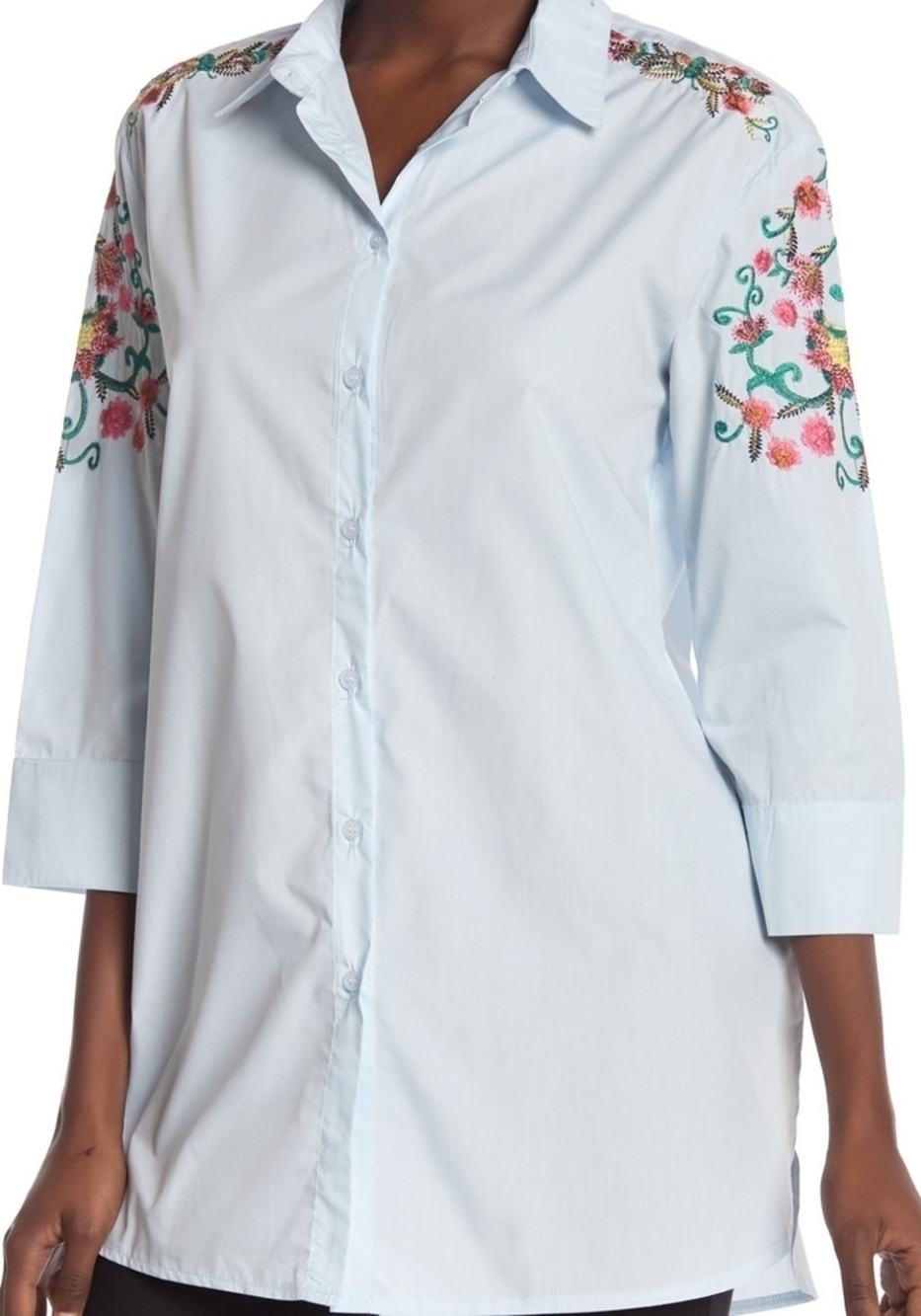 Vertigo Embroidered 3/4 Sleeve Tunic Shirt Aqua